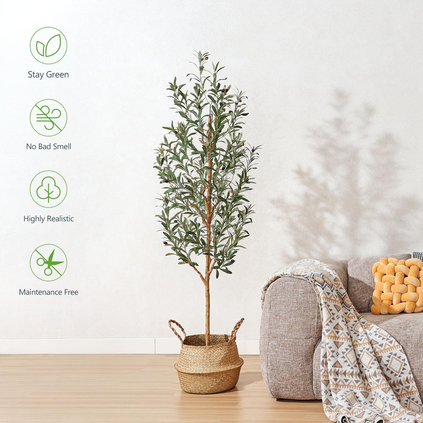 Kazeila 6ft olive tree with seagrass basket adds natural texture.