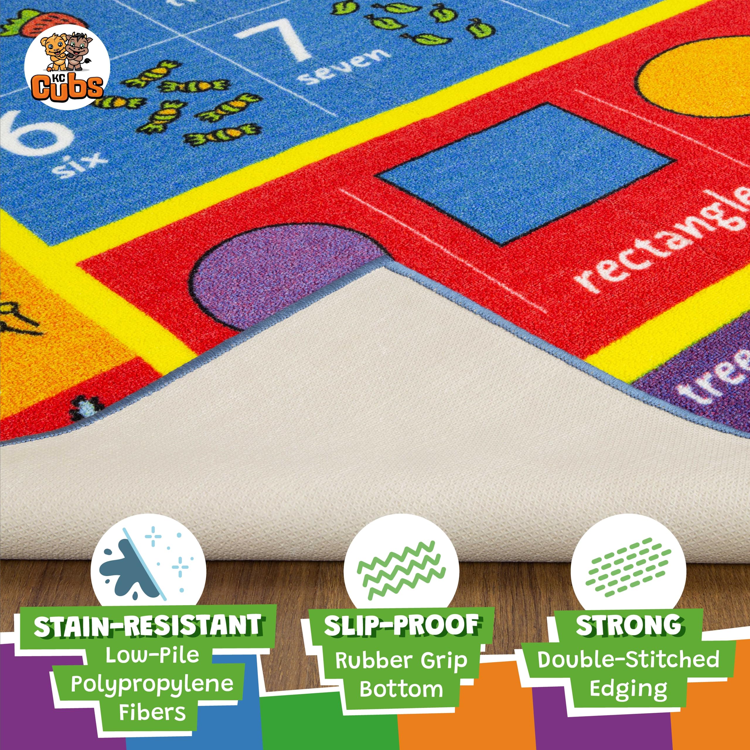 KC Cubs rug provides a soft surface for kids crawling, rolling, and gentle tumbling.