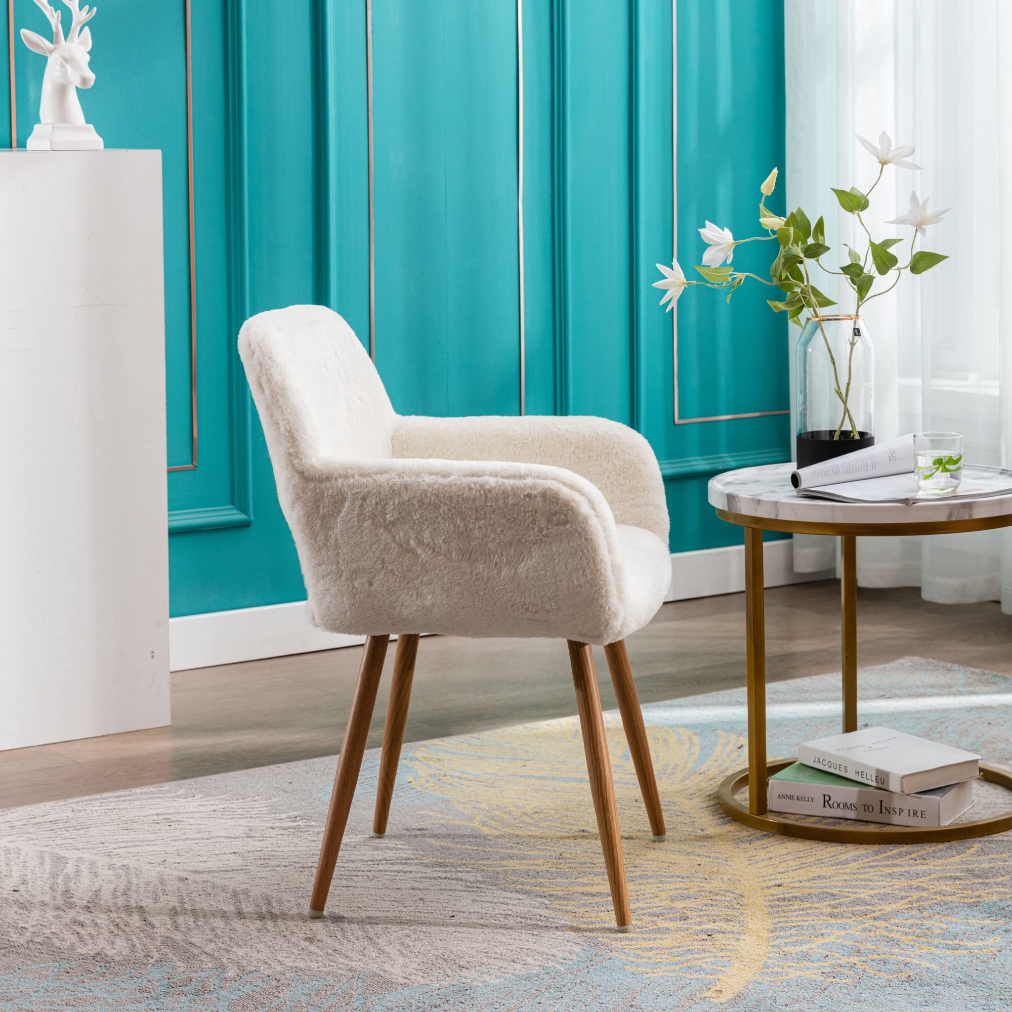KCC Furry Desk Chair by vanity area for getting ready in comfort.