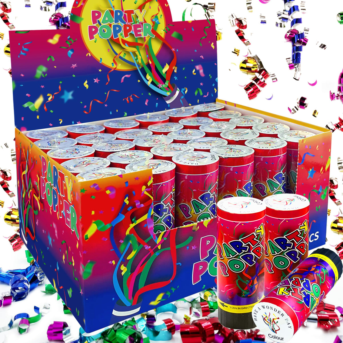 KDPATFAV colorful confetti popper with box front view for festive photos