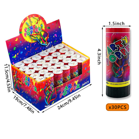 KDPATFAV confetti popper close-up showing vivid colors and safe design
