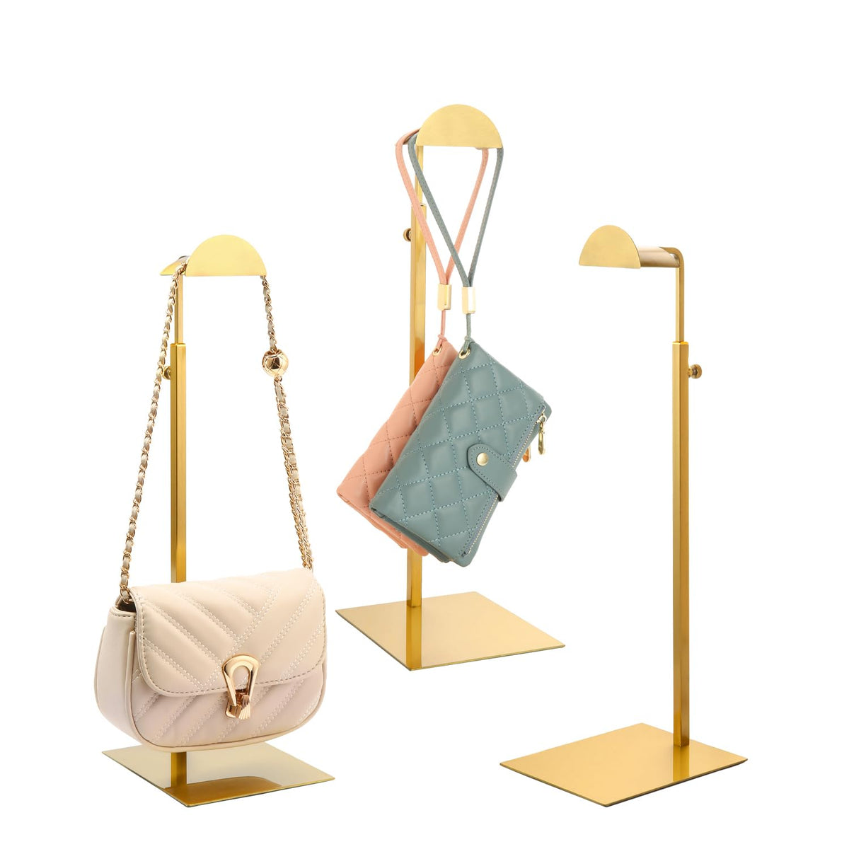 KDYZS+ purse display stand gold front view highlights handbags clearly for shoppers.