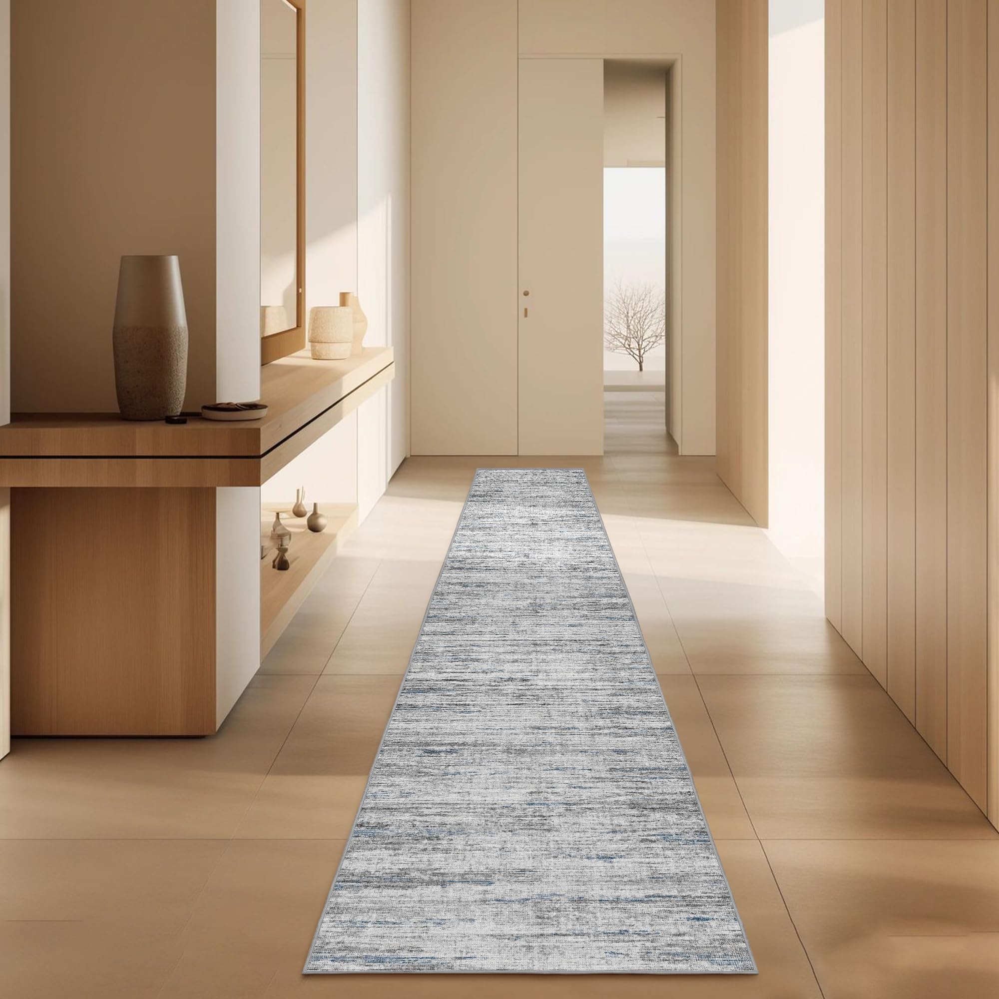 Kearoat bedroom runner blue-gray abstract palette adds calm to resting space.