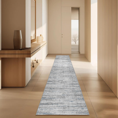 Kearoat bedroom runner blue-gray abstract palette adds calm to resting space.
