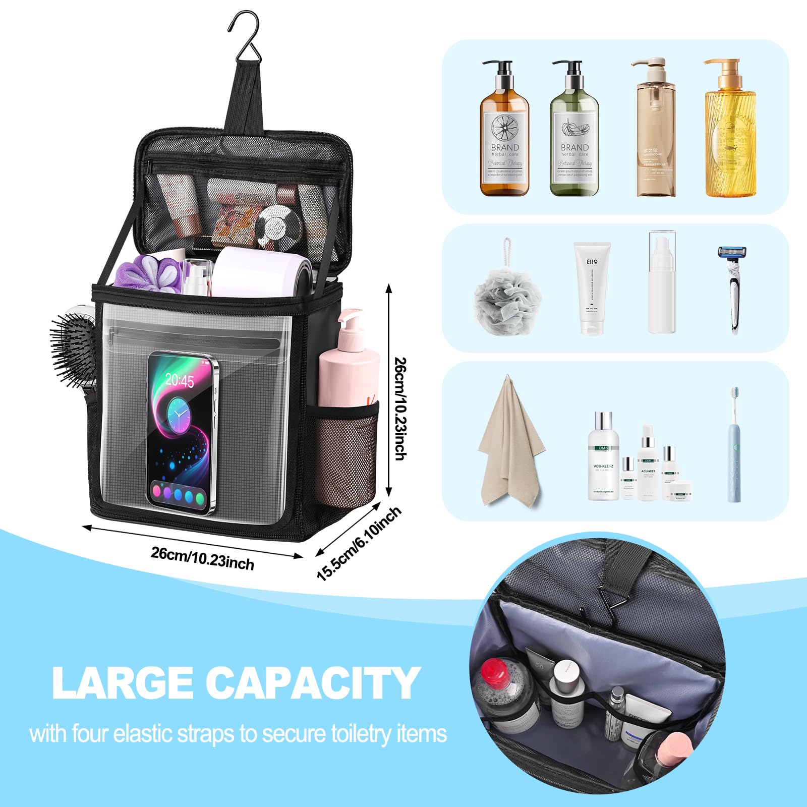Kebrela hanging shower caddy front waterproof window for phone and small items.