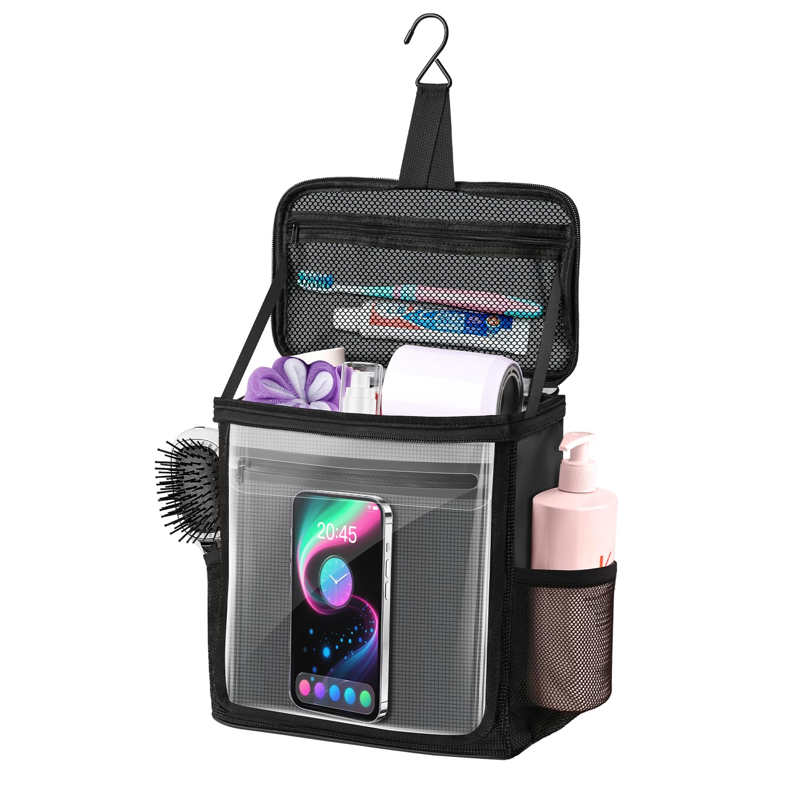 Kebrela hanging shower caddy main pocket for organized toiletries on the go.