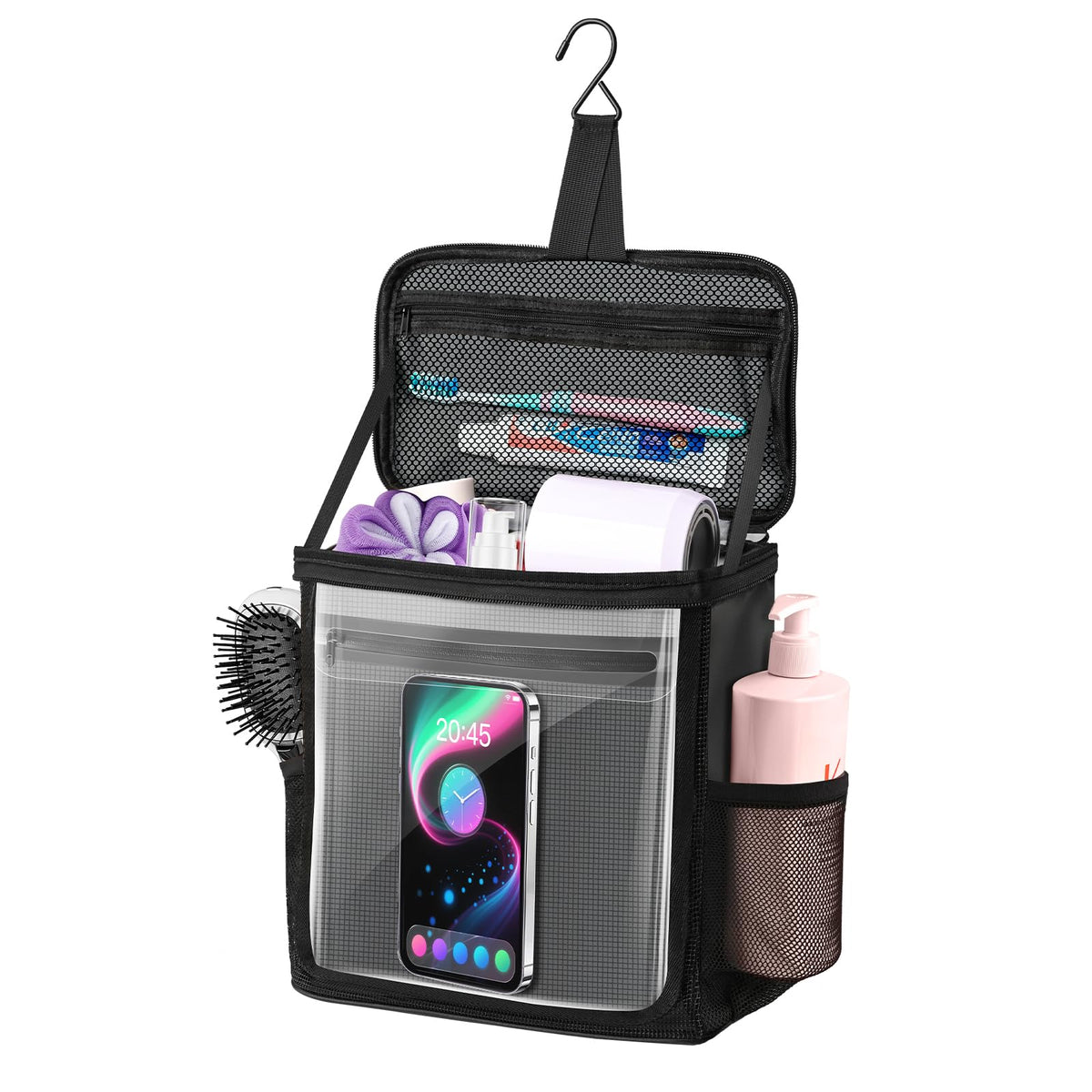 Kebrela hanging shower caddy main pocket for organized toiletries on the go.