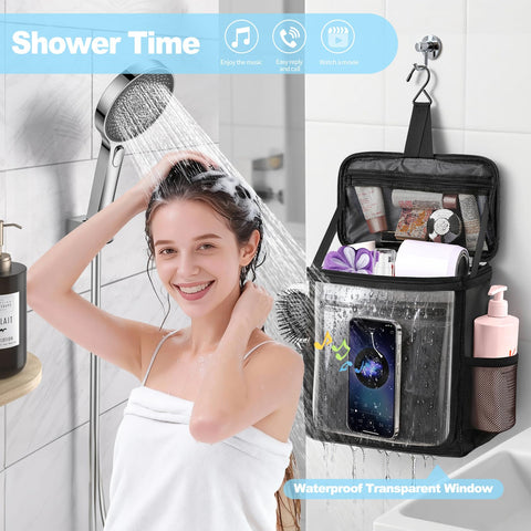 Kebrela hanging shower caddy rear mesh pocket for towels or shoes.