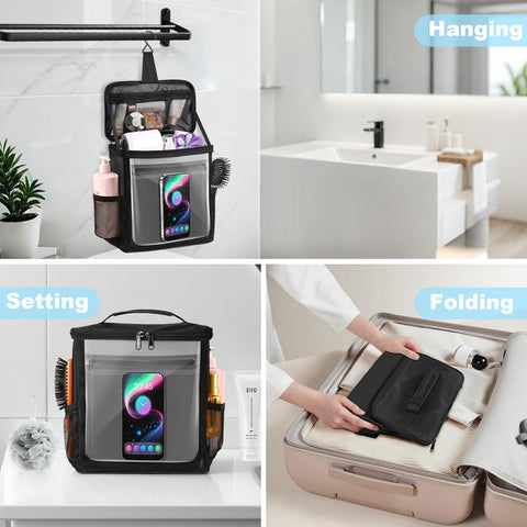 Kebrela hanging shower caddy side mesh pocket for quick-access items.