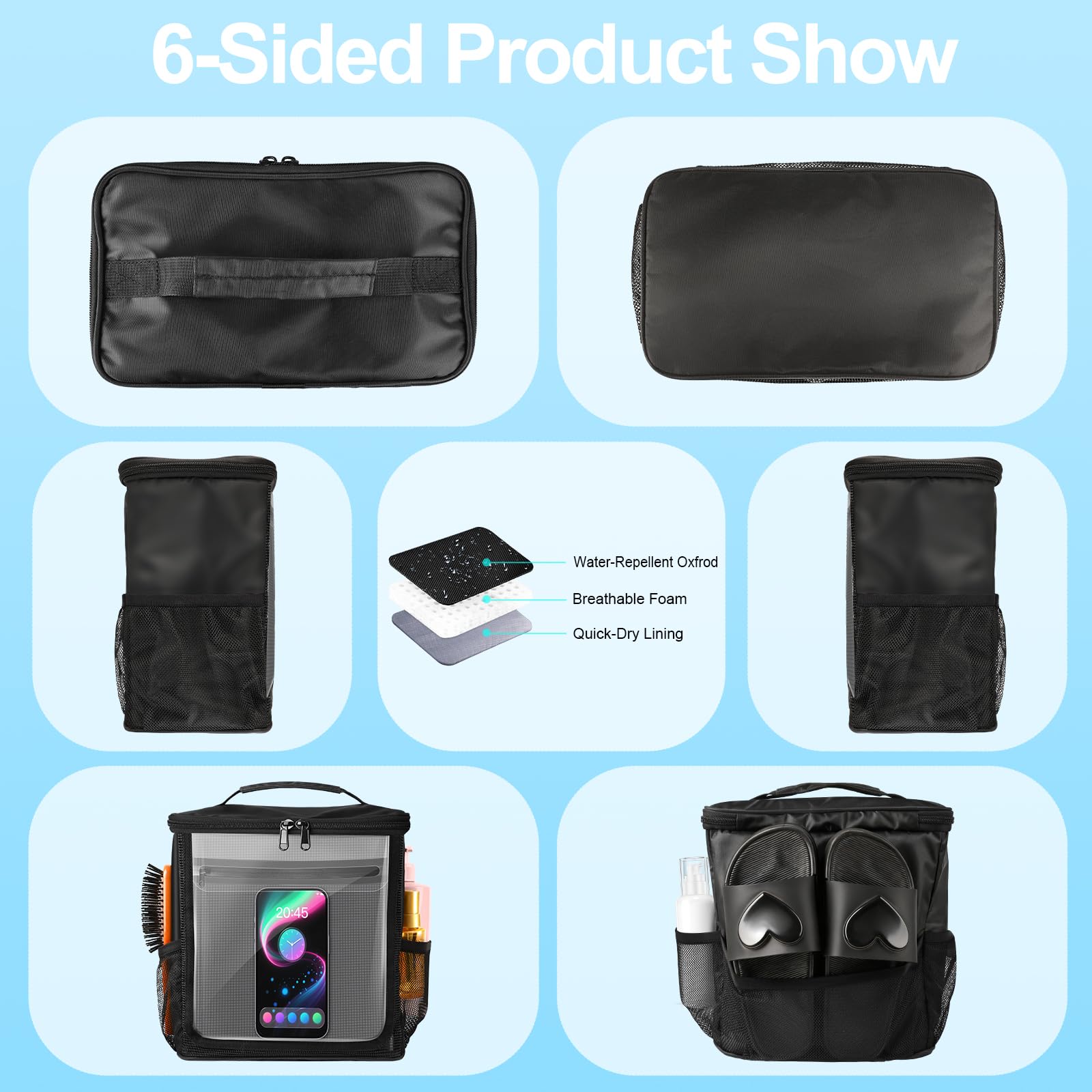 Kebrela hanging shower caddy top mesh pocket for small gear.