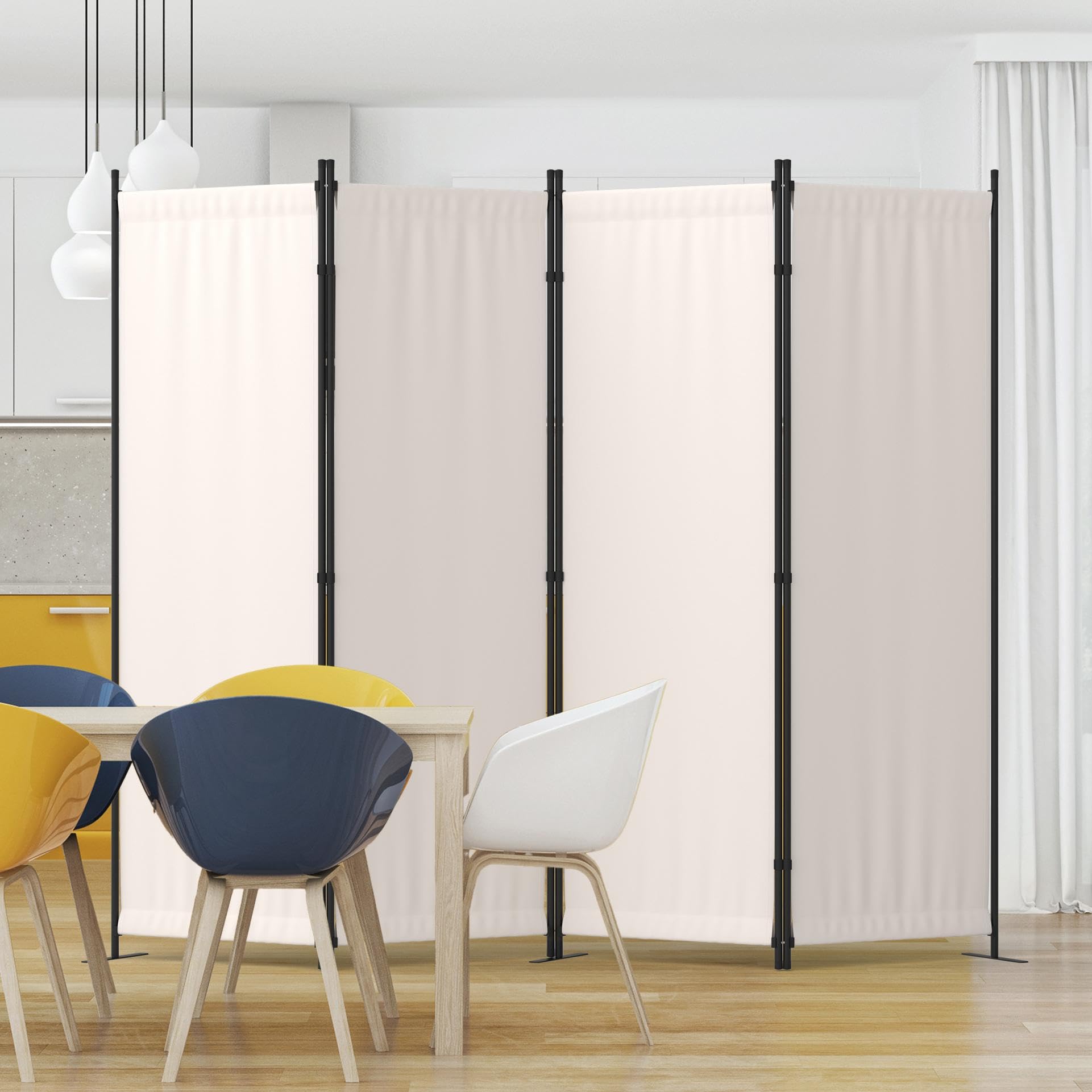 Kecreque 4-panel room divider in white creates private corners in shared spaces.
