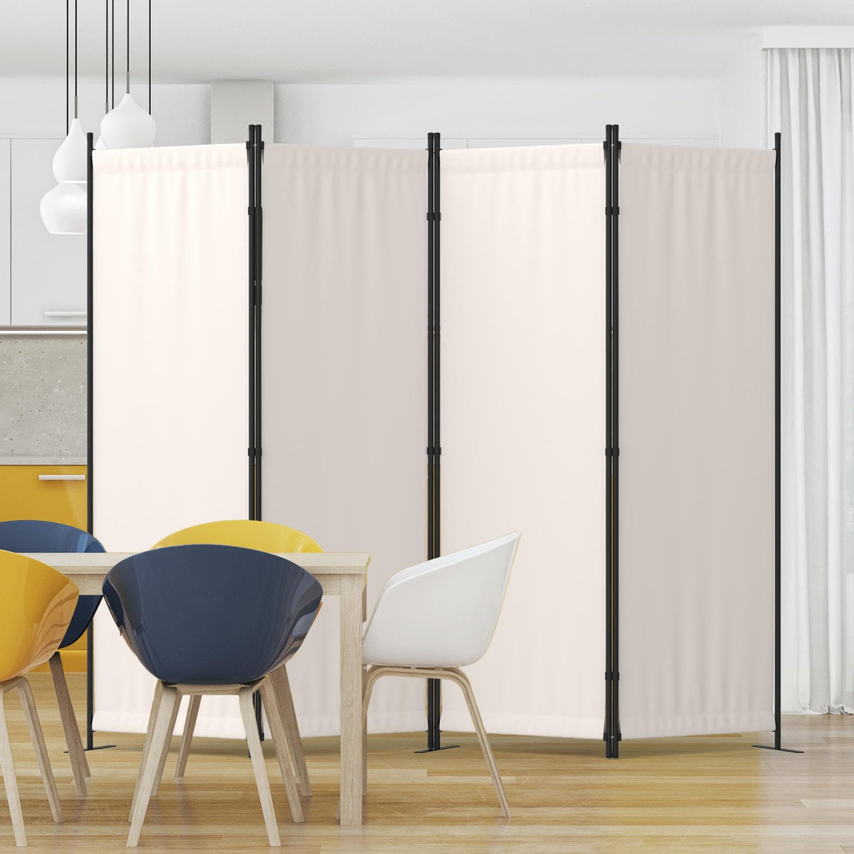 Kecreque 4-panel room divider in white creates private corners in shared spaces.