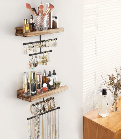 Keebofly rustic wood shelves display elegant jewelry and daily accessories