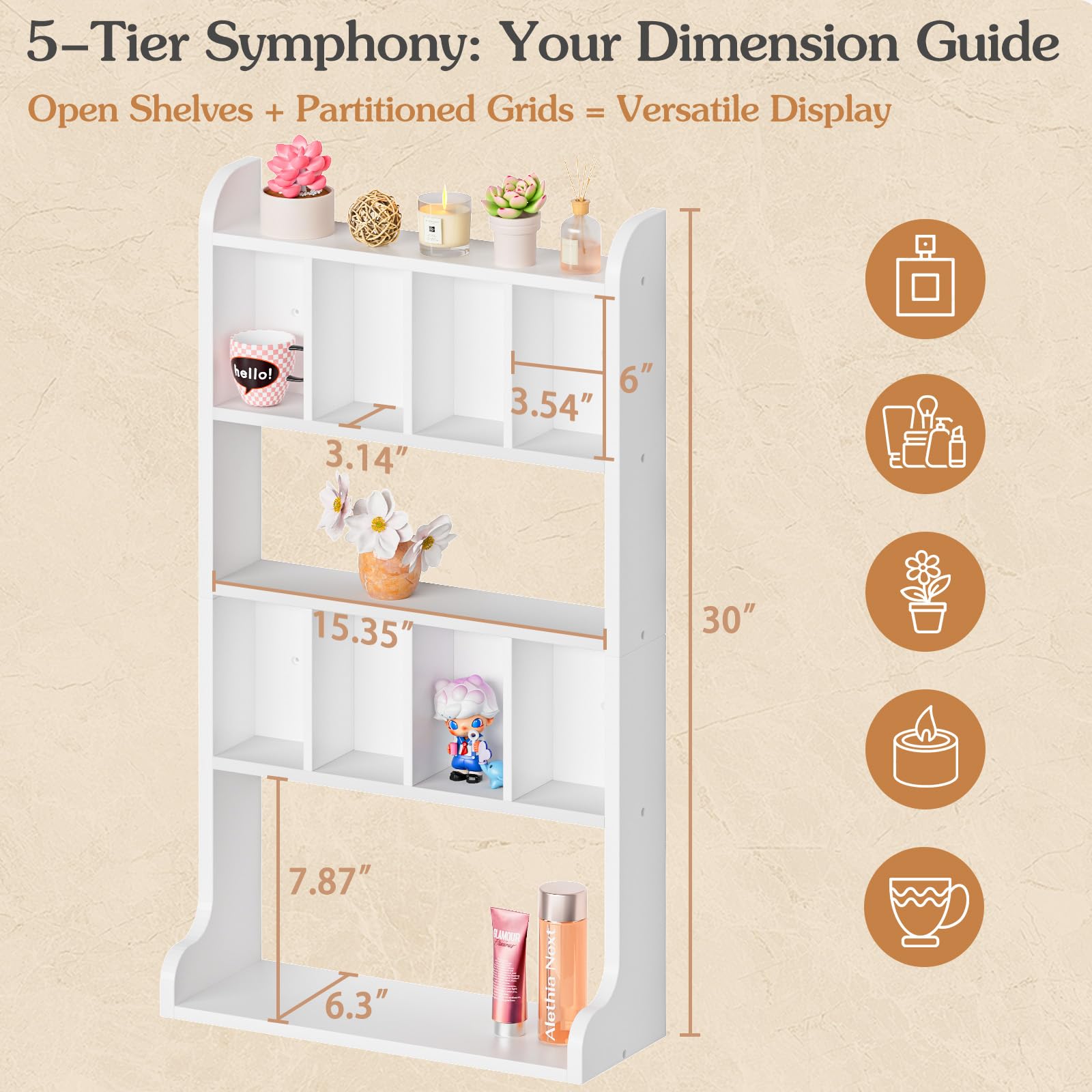 Keebofly wooden multi-tier shelf showing organized cubes for fragrances and collectibles.
