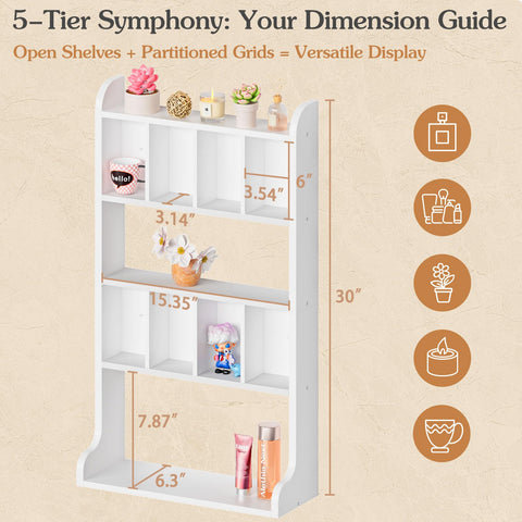 Keebofly wooden multi-tier shelf showing organized cubes for fragrances and collectibles.