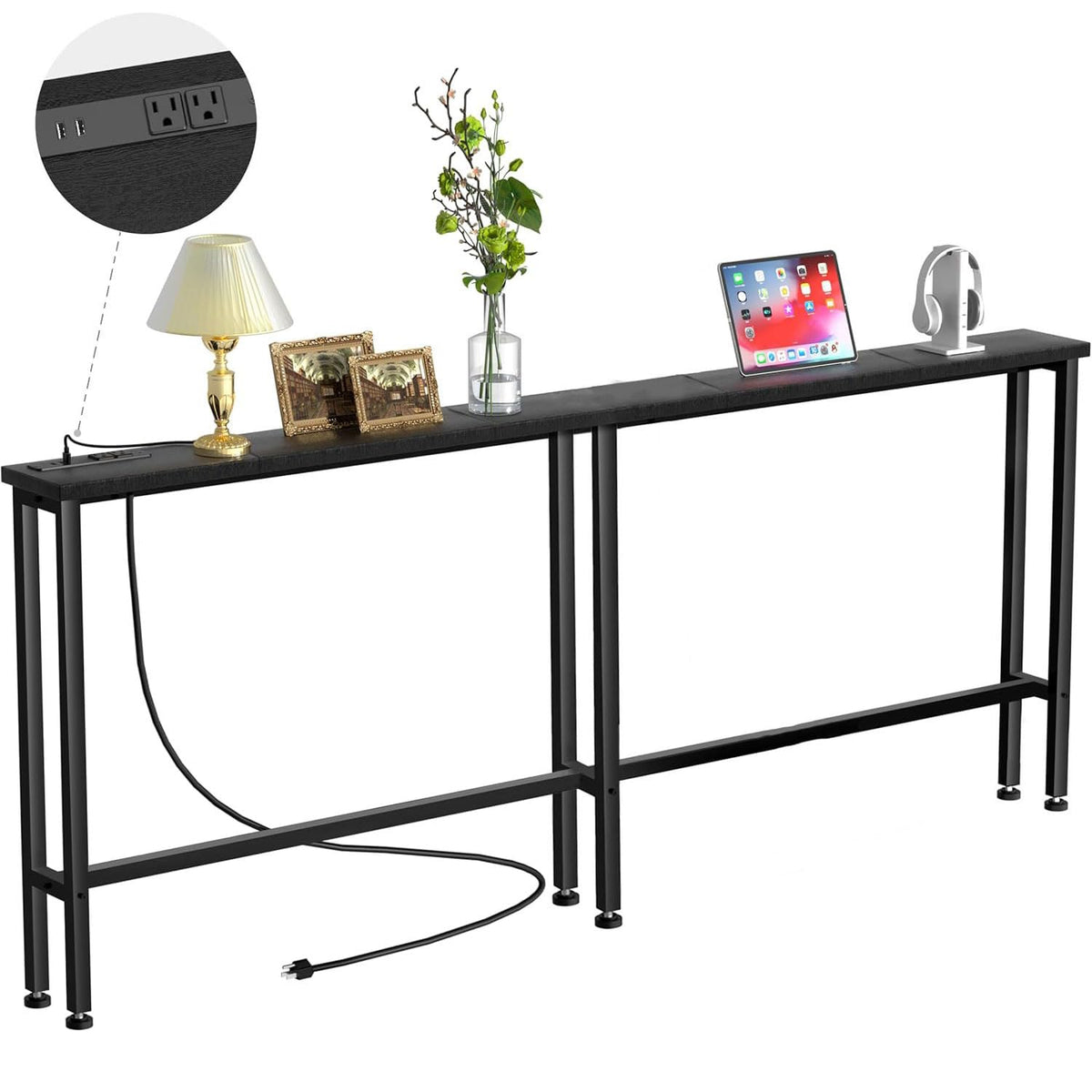 Keelian 78-inch narrow console table with power outlets behind the sofa for convenient charging.