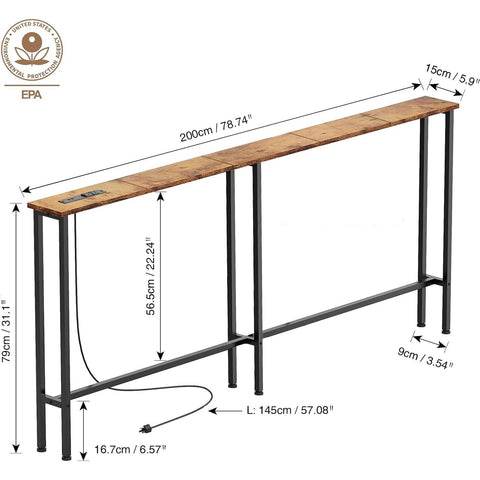 Keelian console table with power outlets behind sofa for easy charging