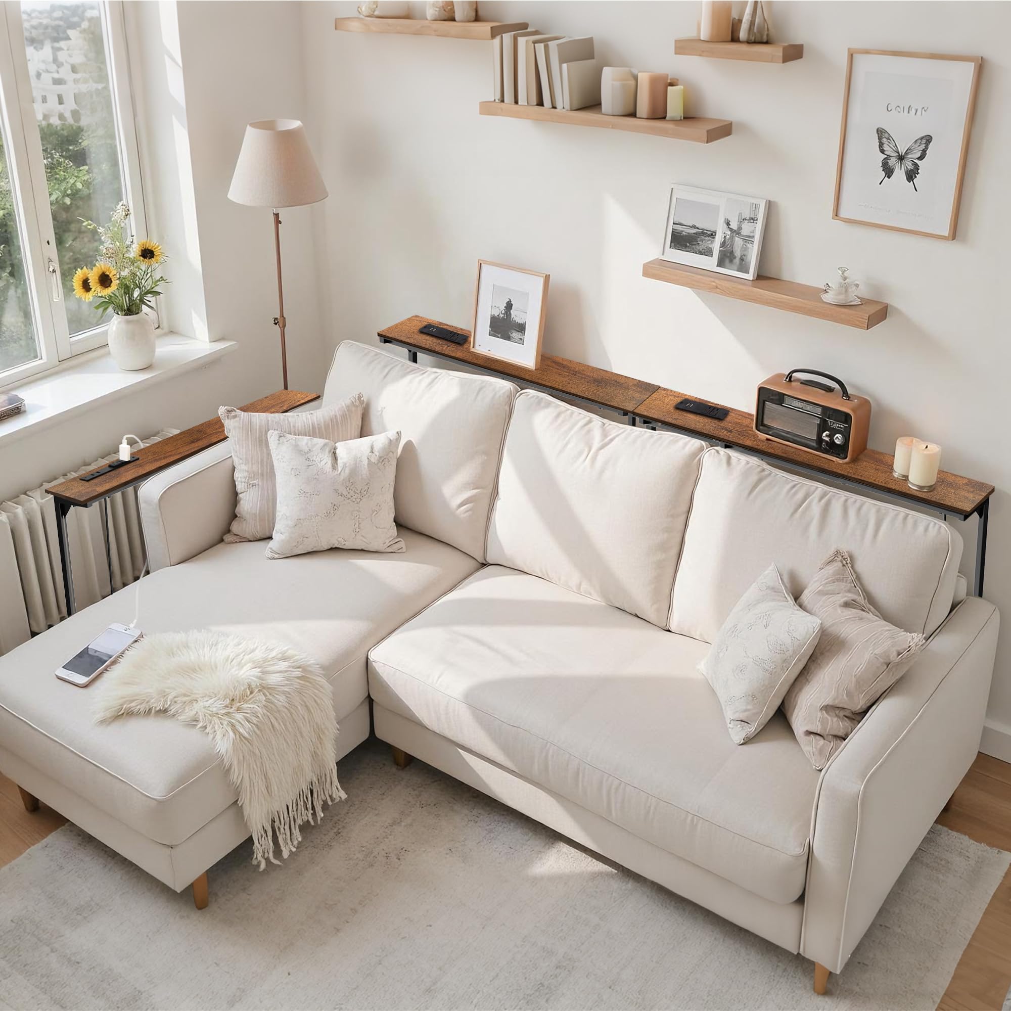 Keelian height-adjustable console table demonstrating standing and sitting configurations