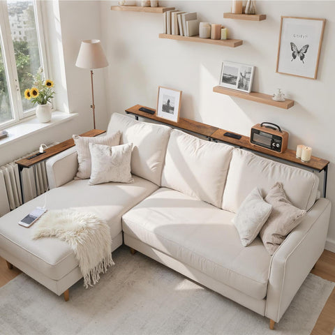 Keelian height-adjustable console table demonstrating standing and sitting configurations