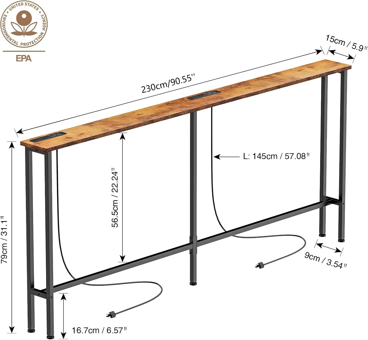 Keelian 90-inch sofa table behind a couch keeps cords organized and accessible.