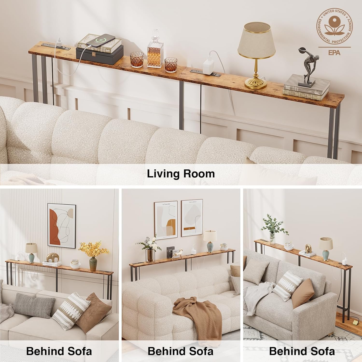 Keelian 90-inch sofa table in a living space used for storage and decor.