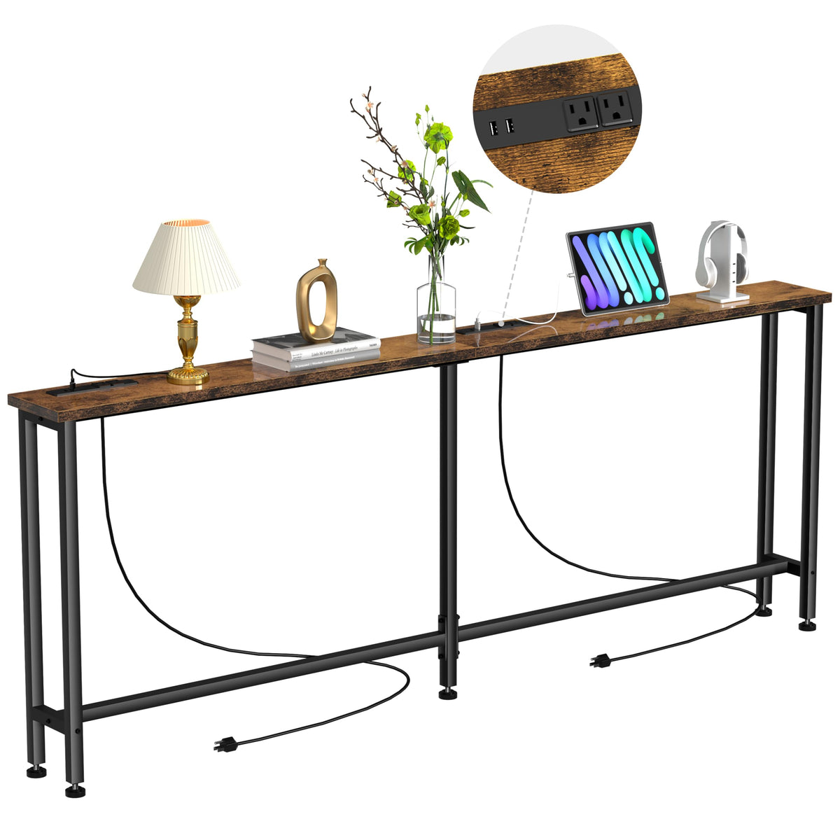Keelian 90-inch sofa table with outlets and USB ports for easy charging.