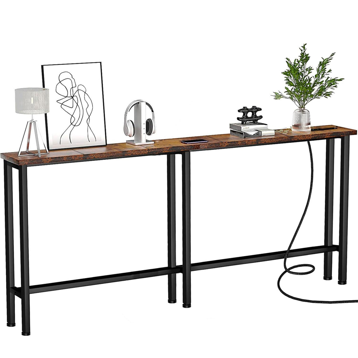 Keelian narrow console sofa table front view showcases slim profile for behind-the-sofa storage and device charging accessibility.