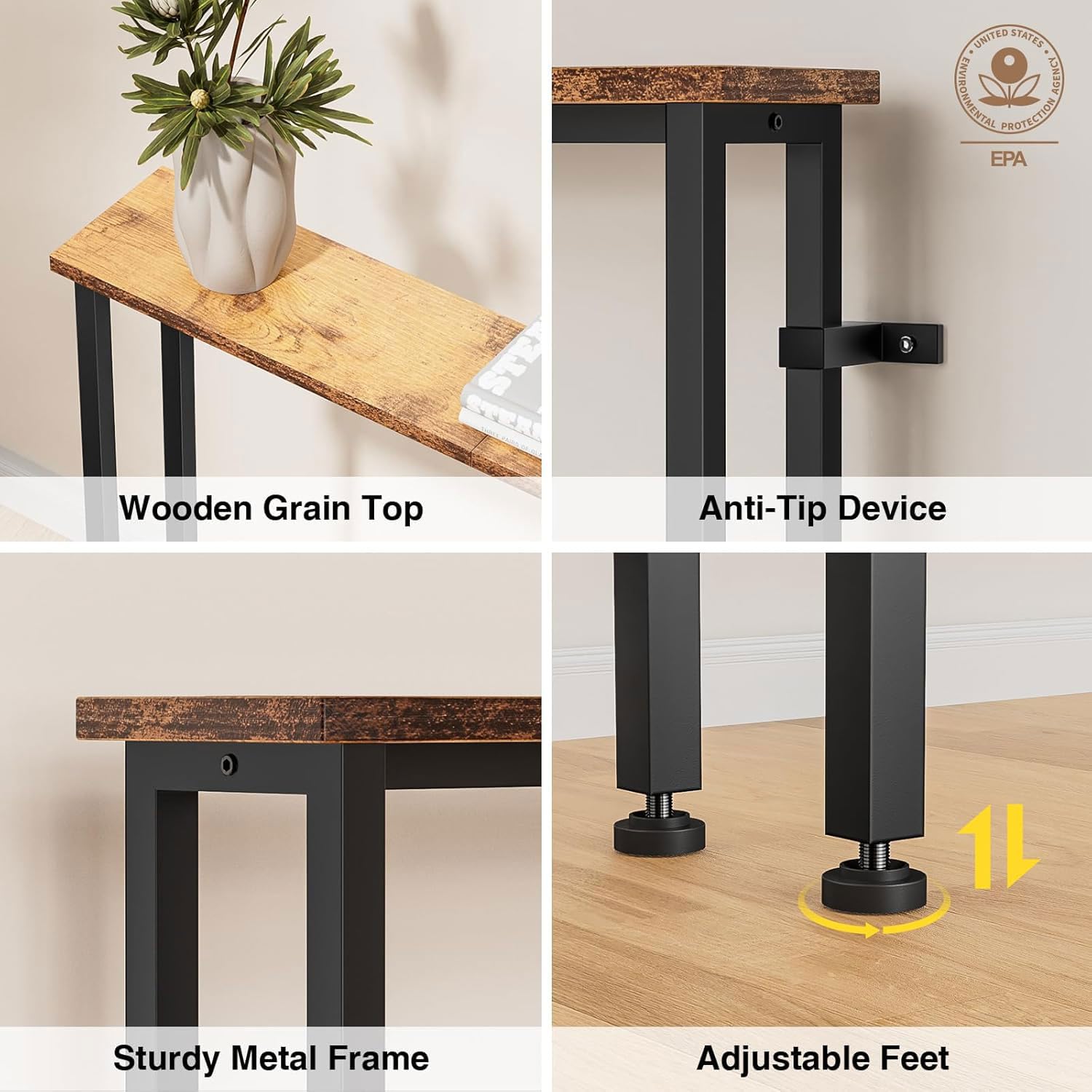 Keelian narrow console sofa table outlets closeup highlights built-in charging ports for easy device charging.