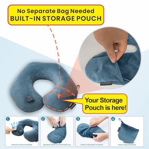 Keemall inflatable travel neck pillow on a train showing comfort