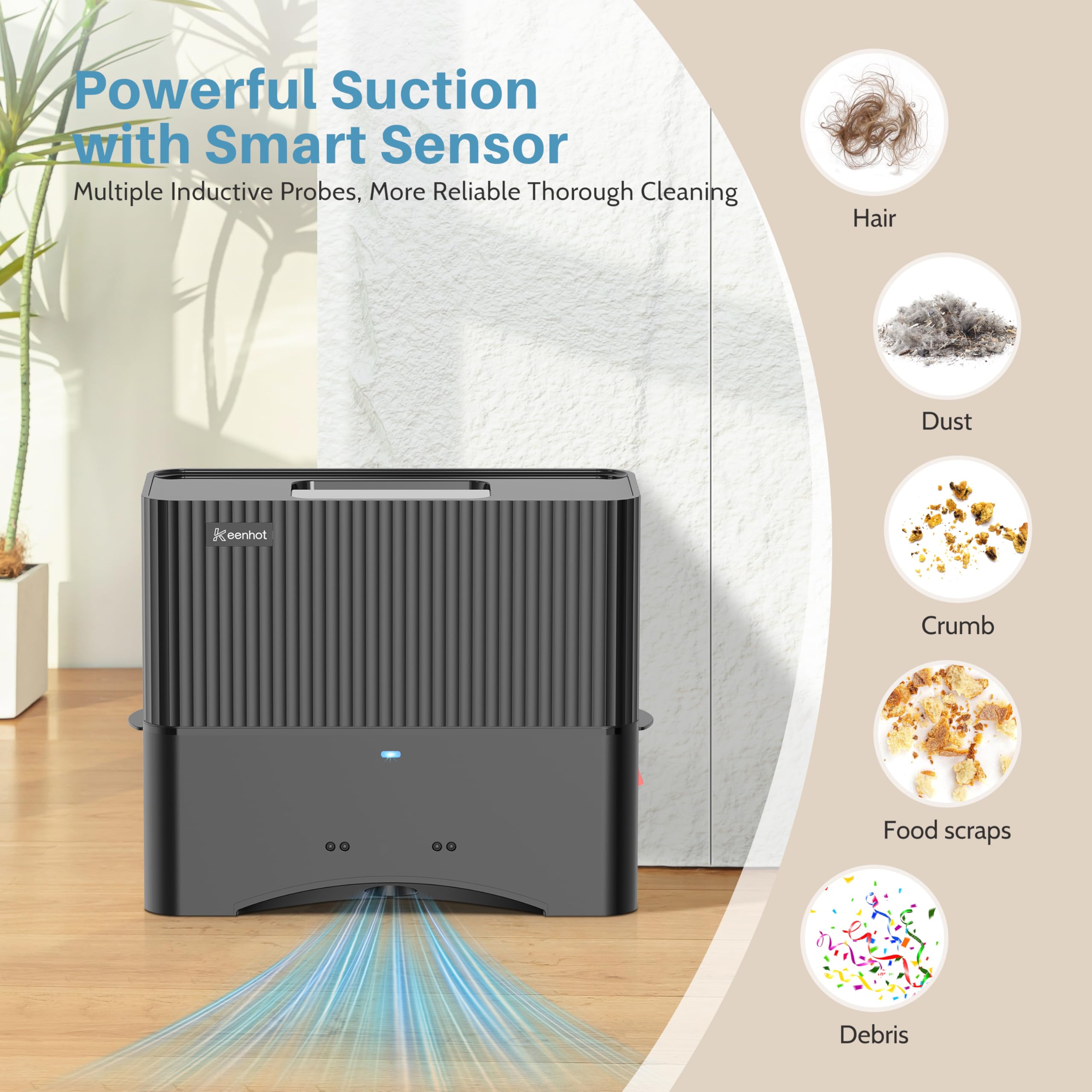 Keenhot touchless dustpan sensor activation highlights automatic suction.