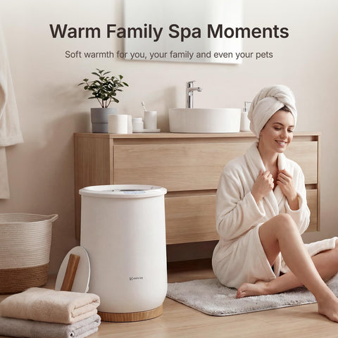 Keenray CL1Plus in bathroom setting with towels ready to warm