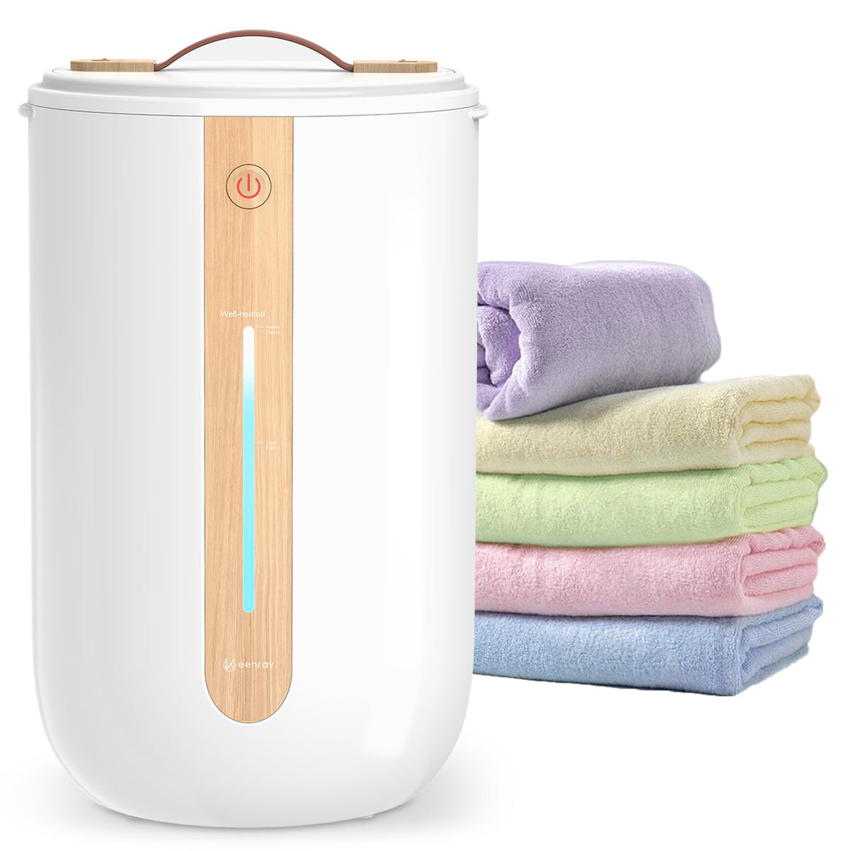 Keenray towel warmer bucket with heating progress bar showing even warmth capability