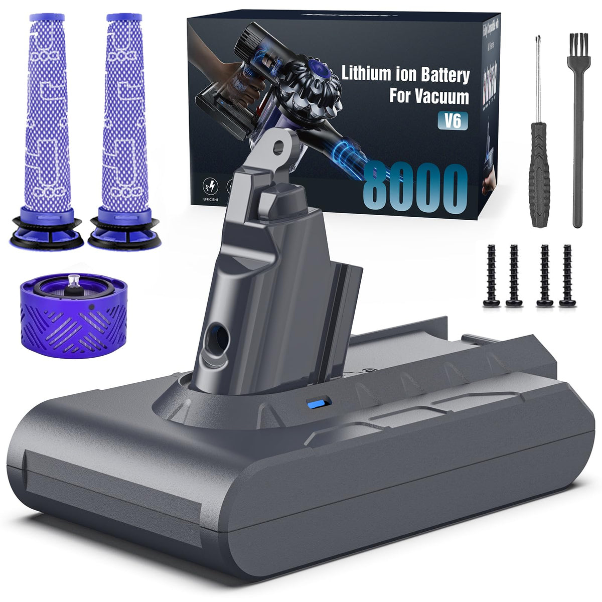 Keenstone Dyson V6 battery front view showcases compact design for quick replacement.