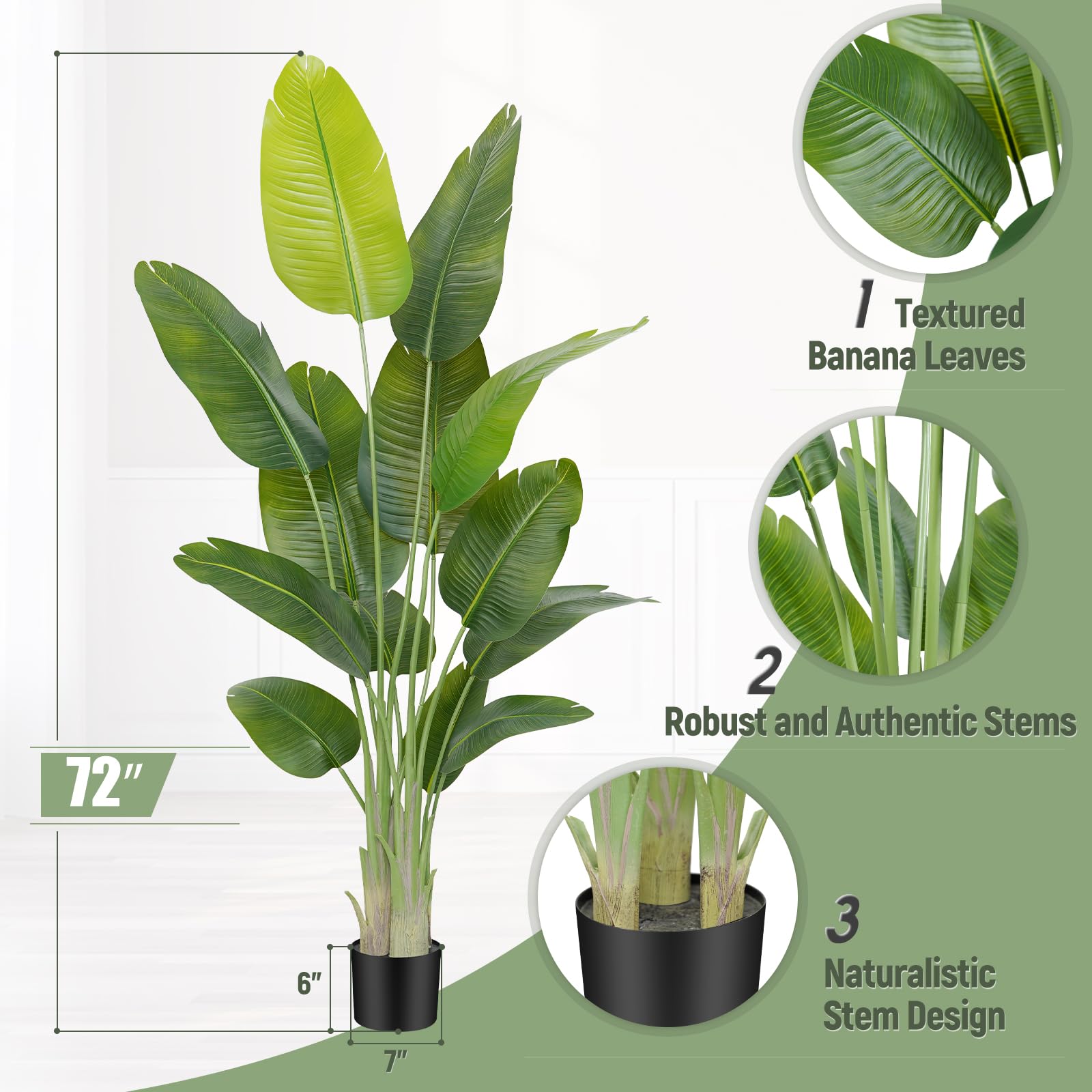 Keeplush 13-trunk banana leaf tree highlights sturdy base and lush canopy.