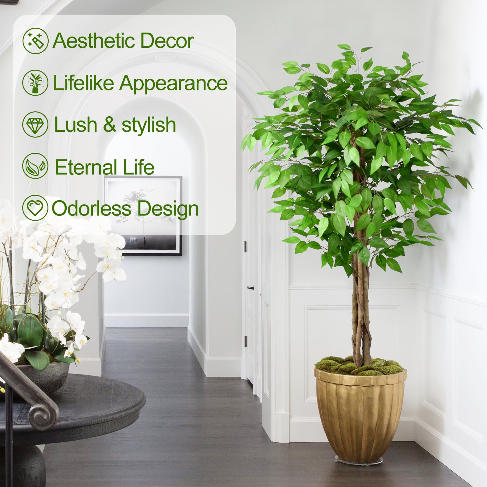 Keeplush 60-inch faux ficus in a black cement pot for stable indoor decor.