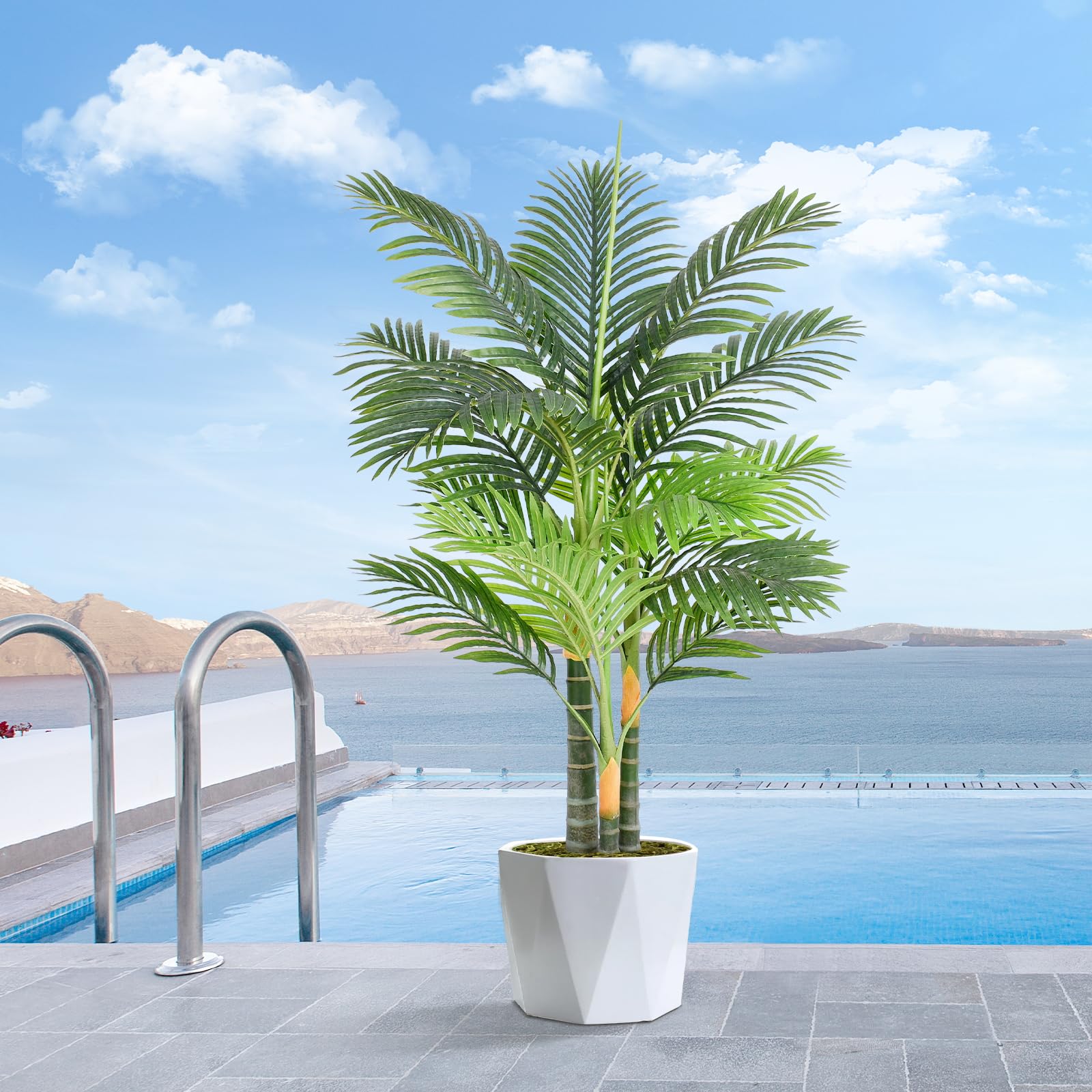 Keeplush artificial palm leaves close-up, adjustable for space, versatile patio or living room decor.