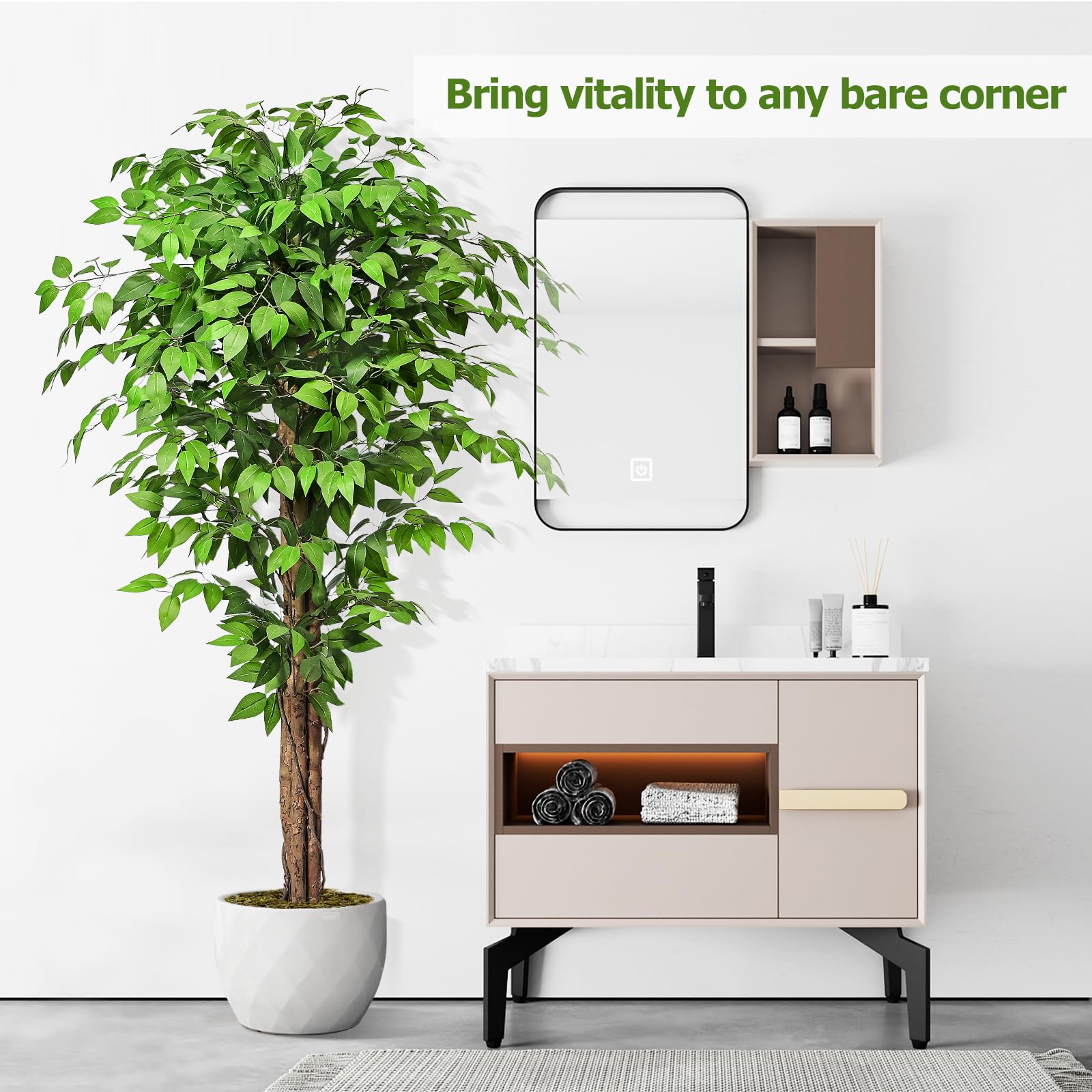 Keeplush ficus tree in black cement pot provides stable base