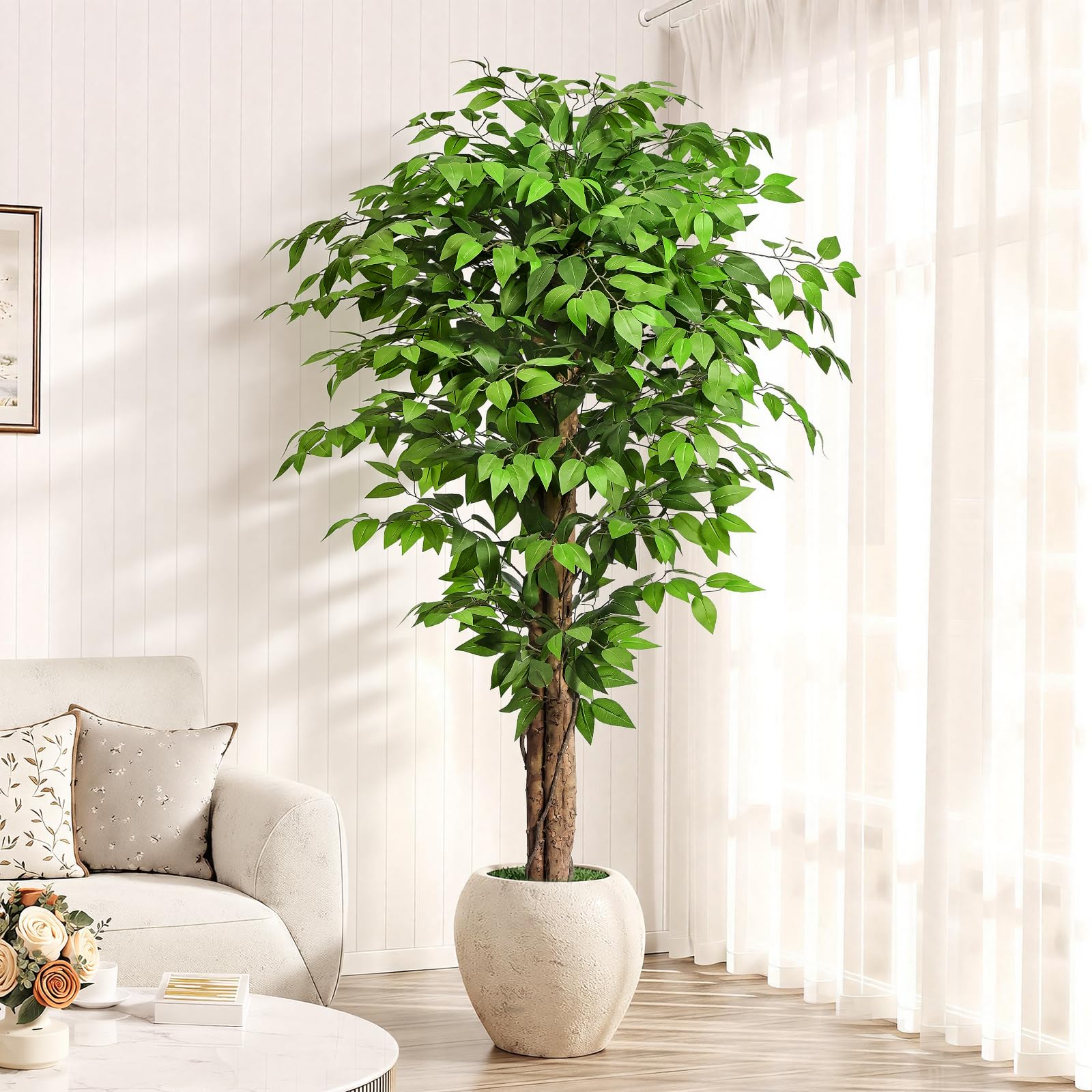 Keeplush ficus artificial tree with three natural curved trunks, close up texture detail