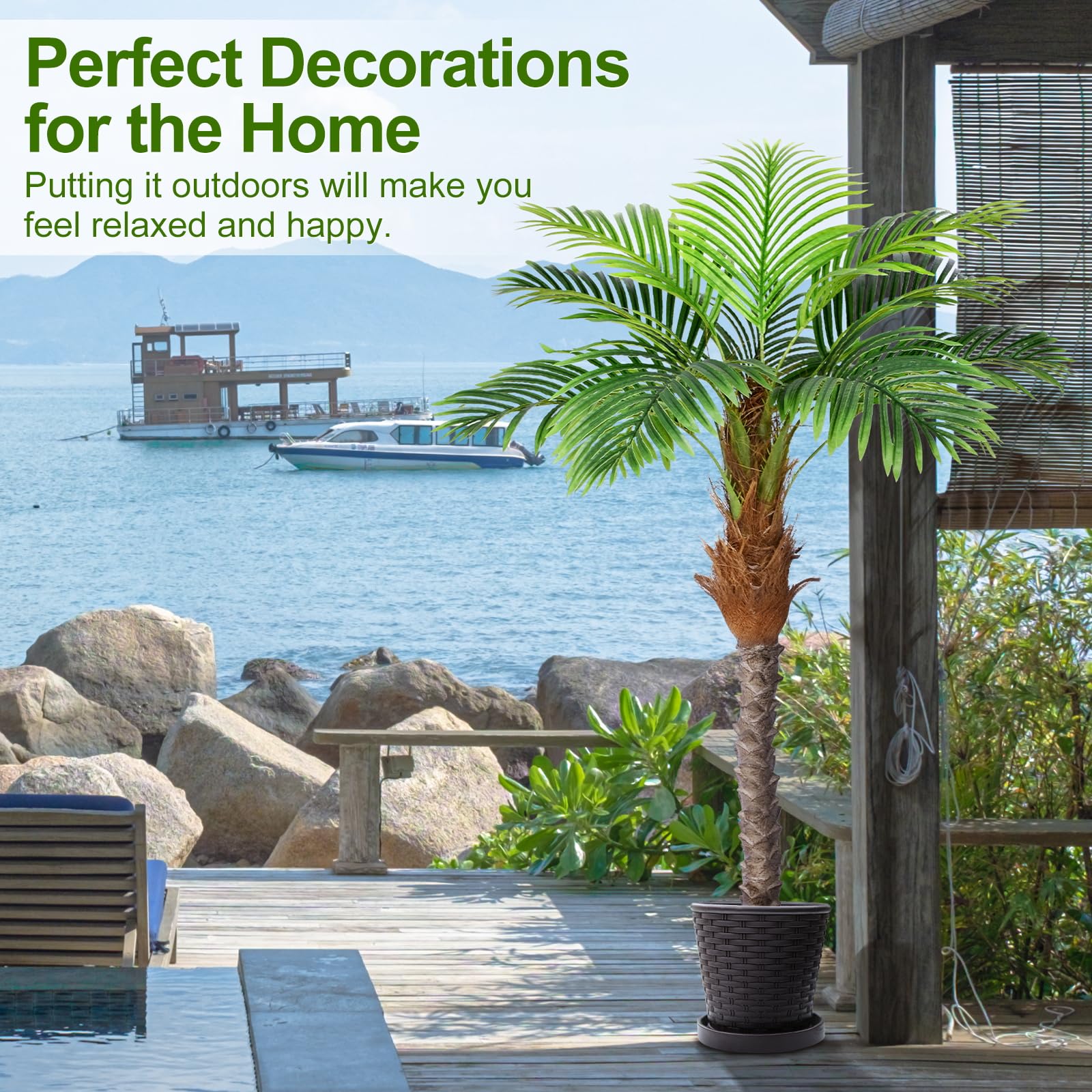 Keeplush palm tree black cement pot provides stable base for placement.