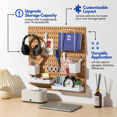 Keepo peg board wall kit expands to fit shelves and hooks for flexible organization