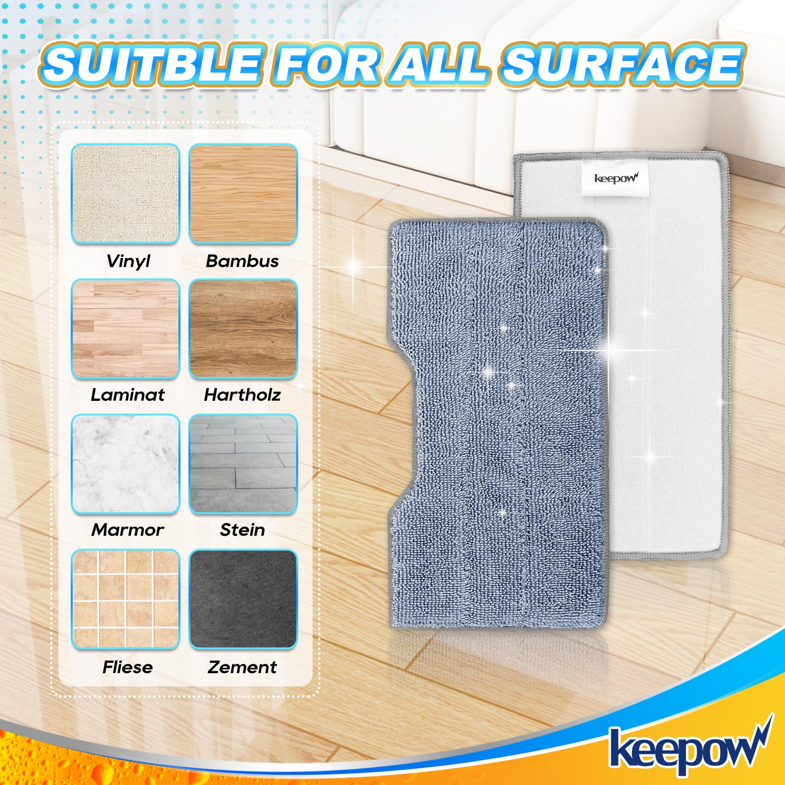 KEEPOW pads work on all hard floors including hardwood and tile