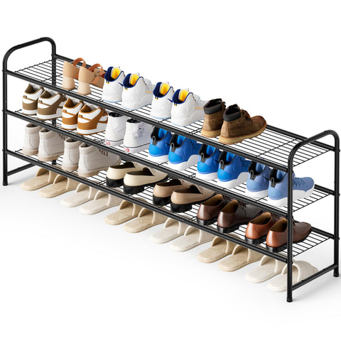 KEETDY 3-tier long shoe rack front view highlights 24-pair capacity for organized entryways.