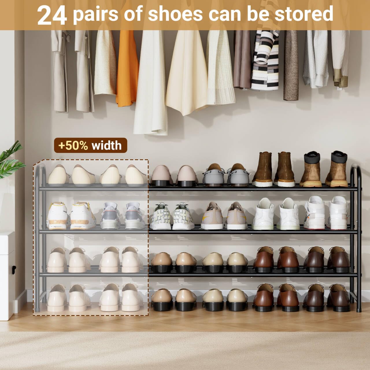 KEETDY metal shoe rack side view shows sturdy construction and boot-ready spacing.
