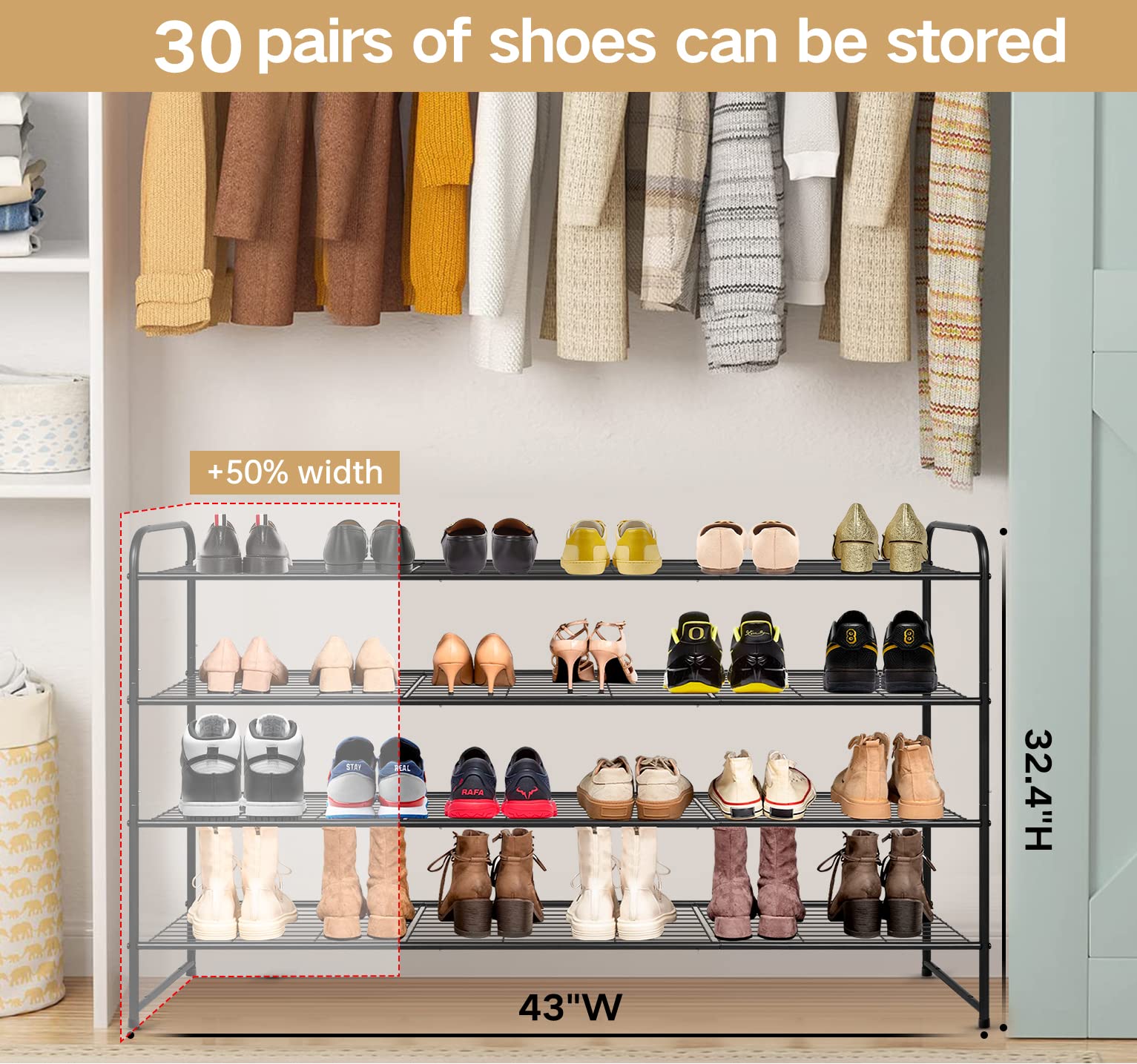 KEETDY 4-Tier Long Shoe Rack side view highlights sturdy metal frame