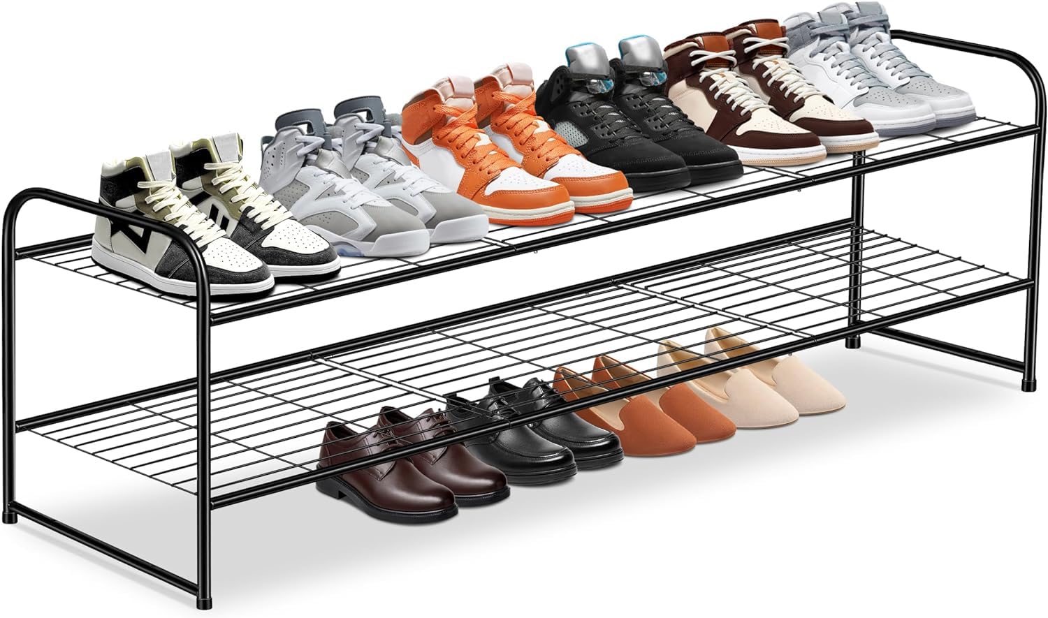 KEETDY two-tier long shoe rack keeps sneakers and boots neatly organized in the closet.