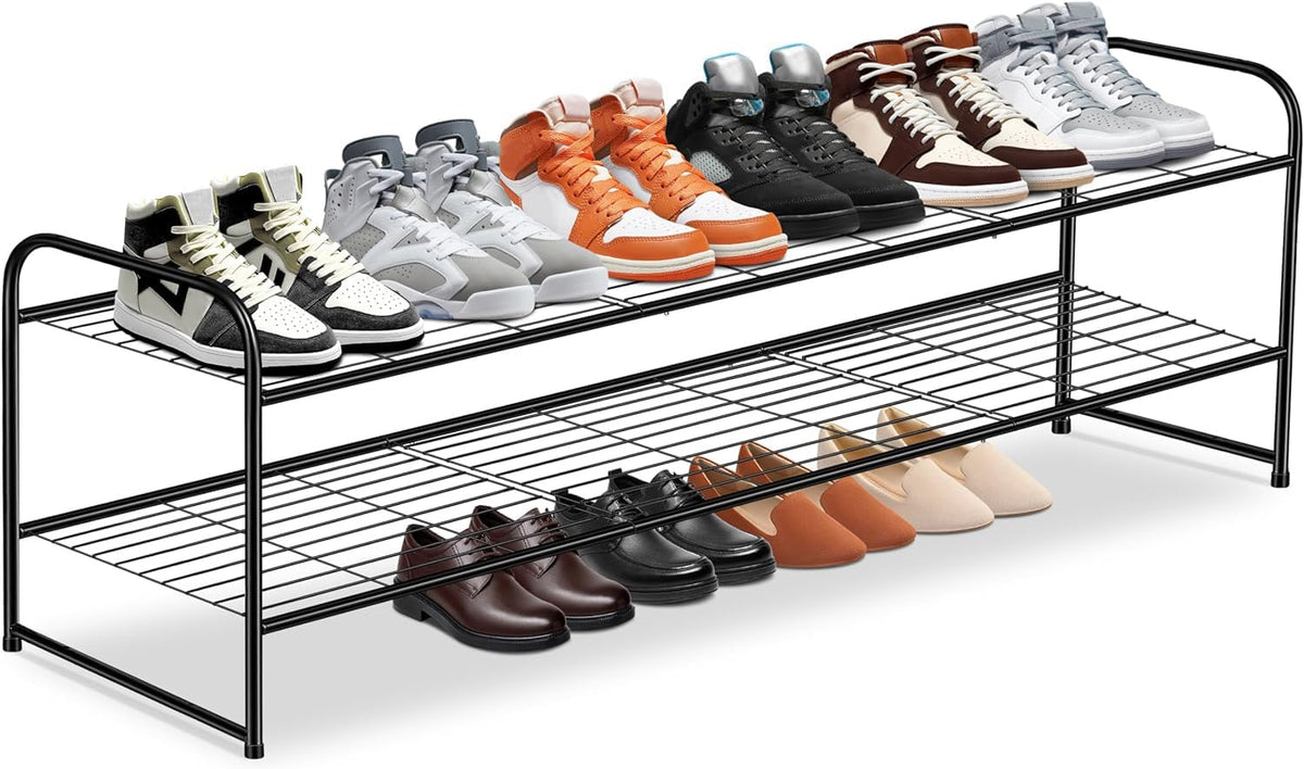 KEETDY two-tier long shoe rack keeps sneakers and boots neatly organized in the closet.