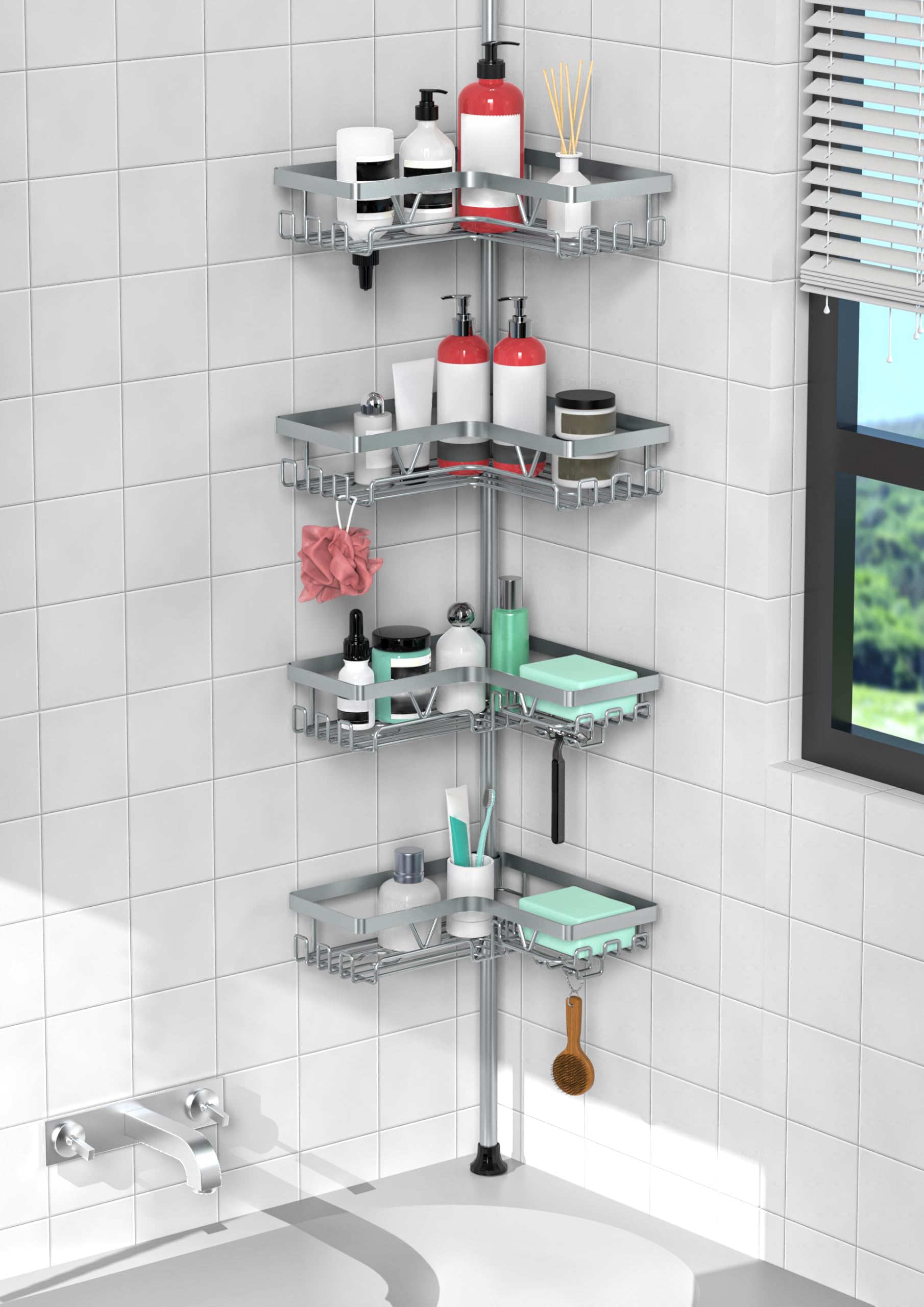 KEGII 4-Tier Corner Shower Caddy pole with adjustable shelves for organized shower storage.