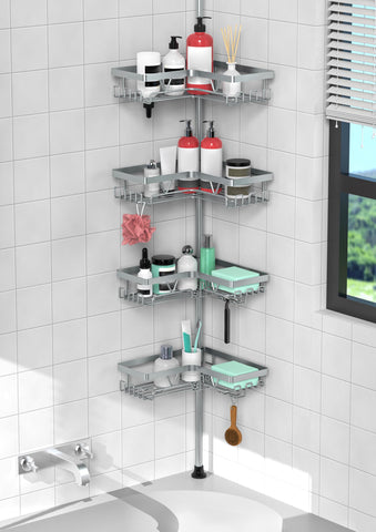 KEGII 4-Tier Corner Shower Caddy pole with adjustable shelves for organized shower storage.