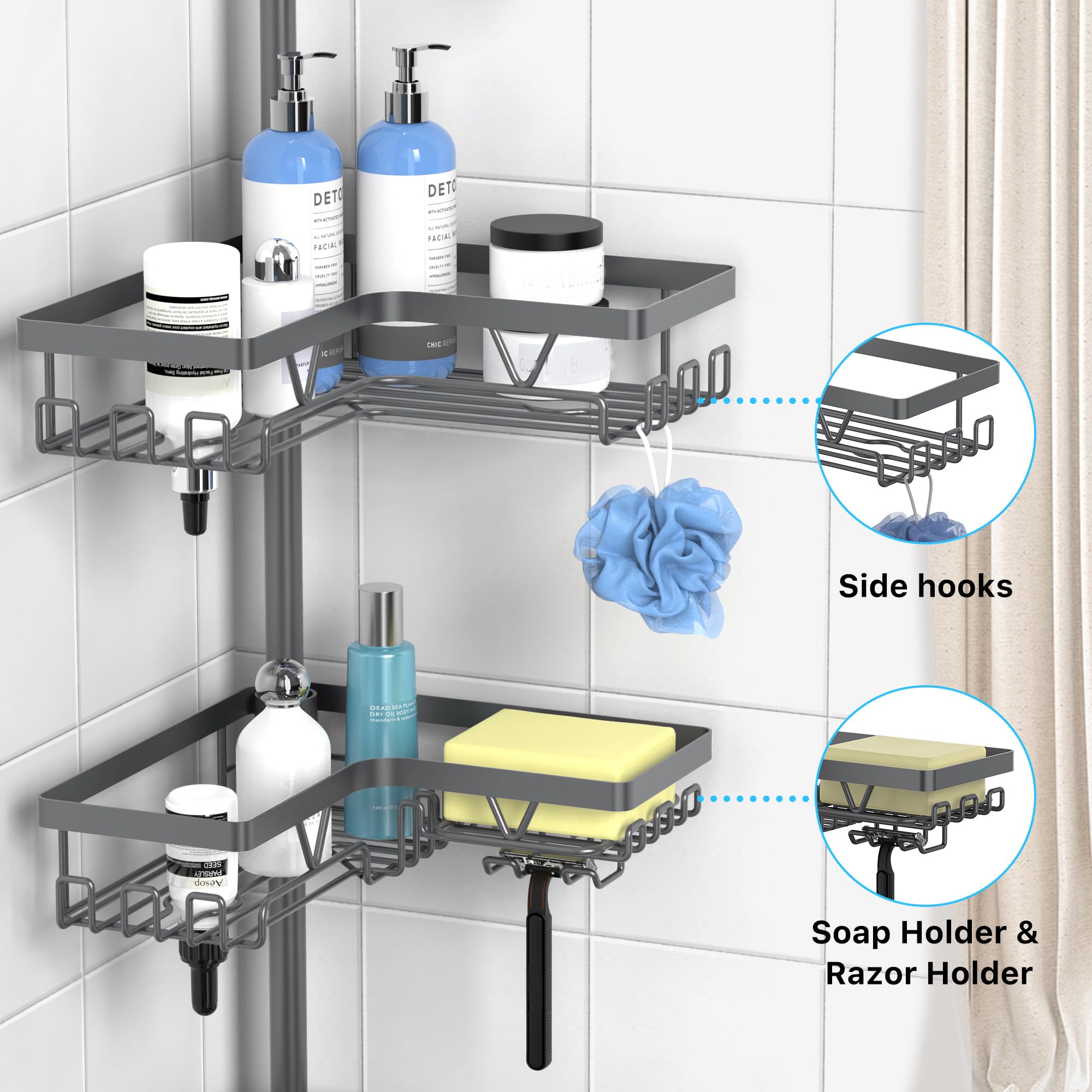 KEGII adjustable height baskets fit tall shampoos and conditioners.