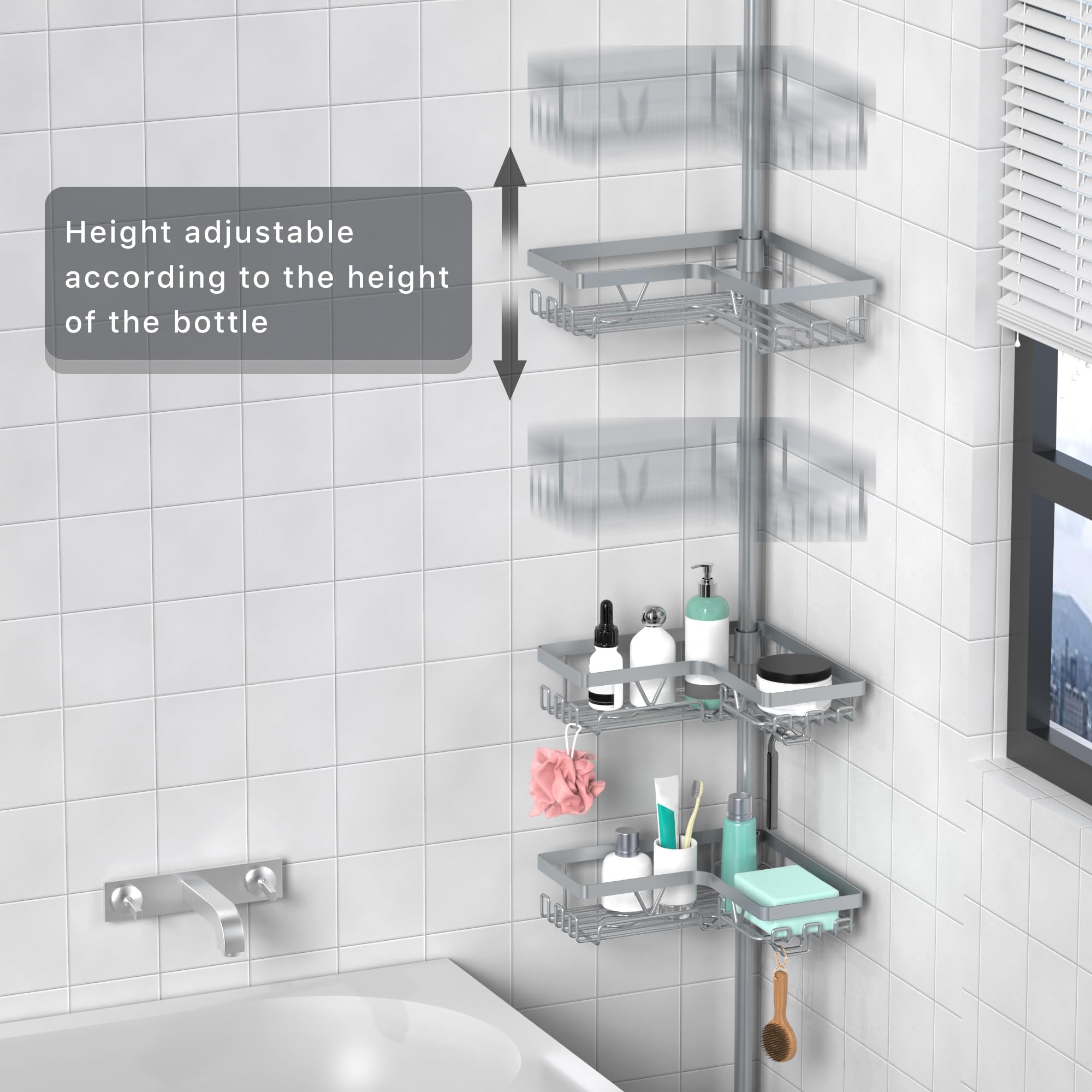 KEGII adjustable shelves in corner caddy prevent clutter and fit tall bottles.